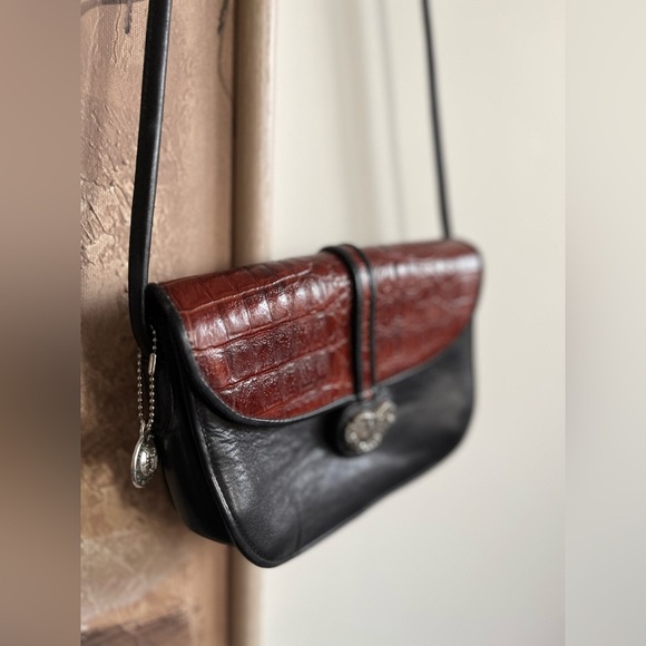Vintage One World BRIGHTON ChocBrown Croc-Embossed & Black Leather Crossbody Bag - Picture 11 of 15